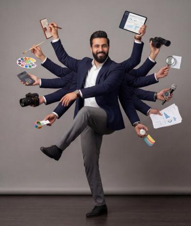 Man juggling all kind of tech