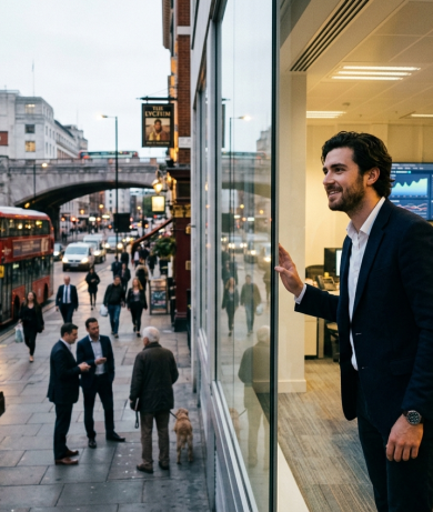 Man standing in office above London street