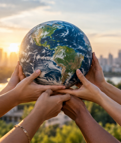 Hands united around the earth
